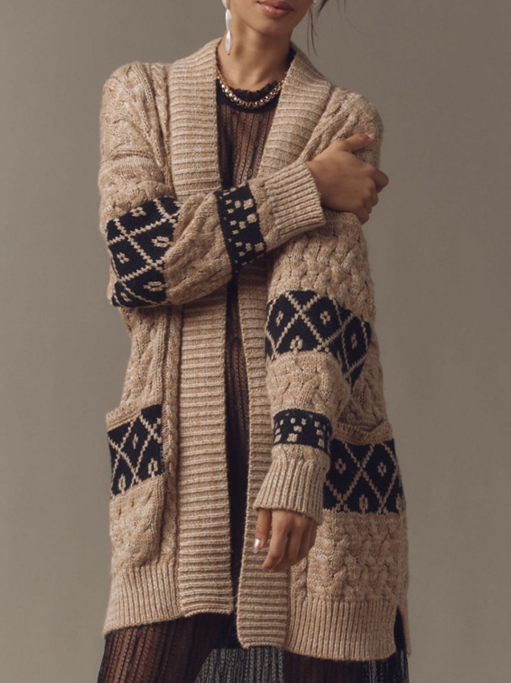 Pilcro Beige and Black Open-Front Cable Knit Cardigan